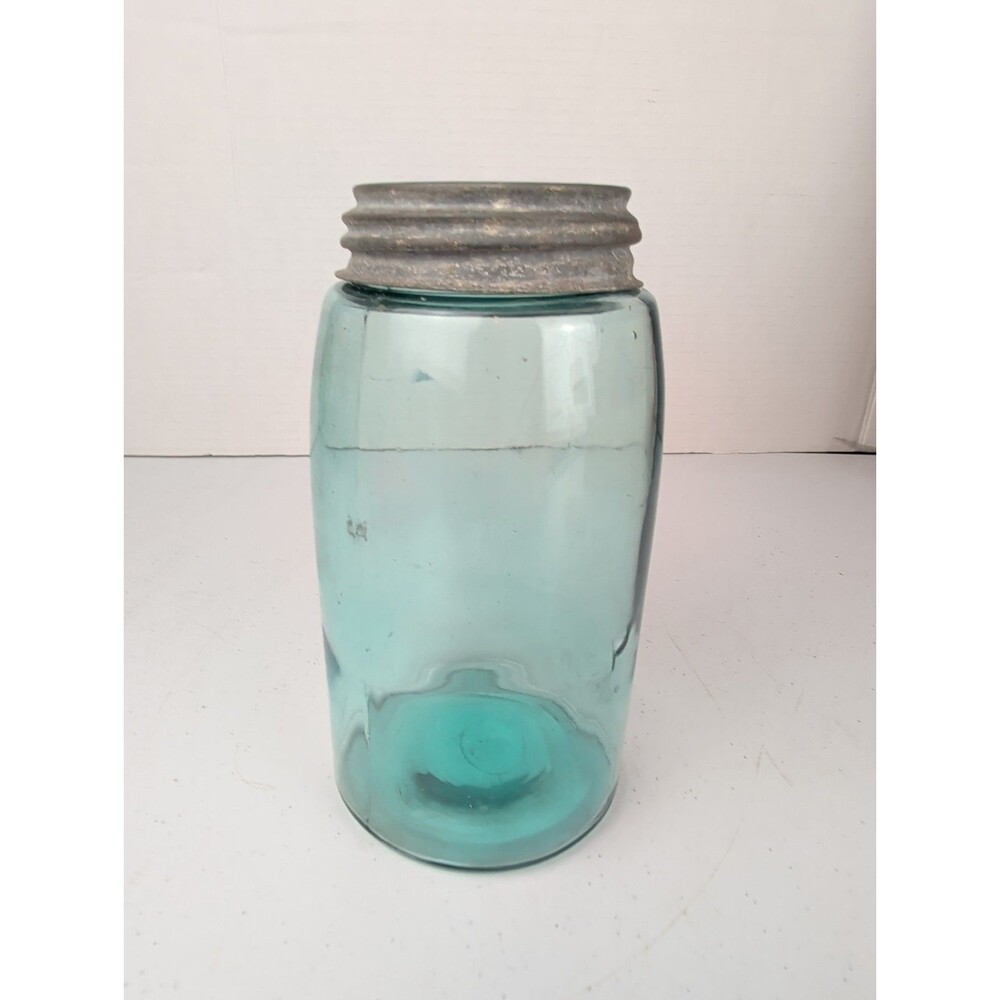 Vintage Aqua Blue Glass Canning Jar w/ Original Zinc Lid – Unembossed – Antique